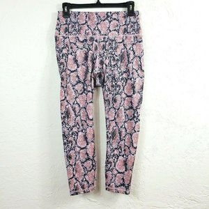 Fabletics Womens Cropped Leggings S M Pink Geo Pebble Print Wide Waist High Rise